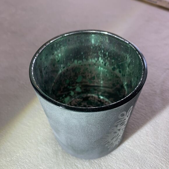Glass Candle Holder Votive Tealight Christmas Holiday Snowflake Green Silver Joy - Picture 8 of 13